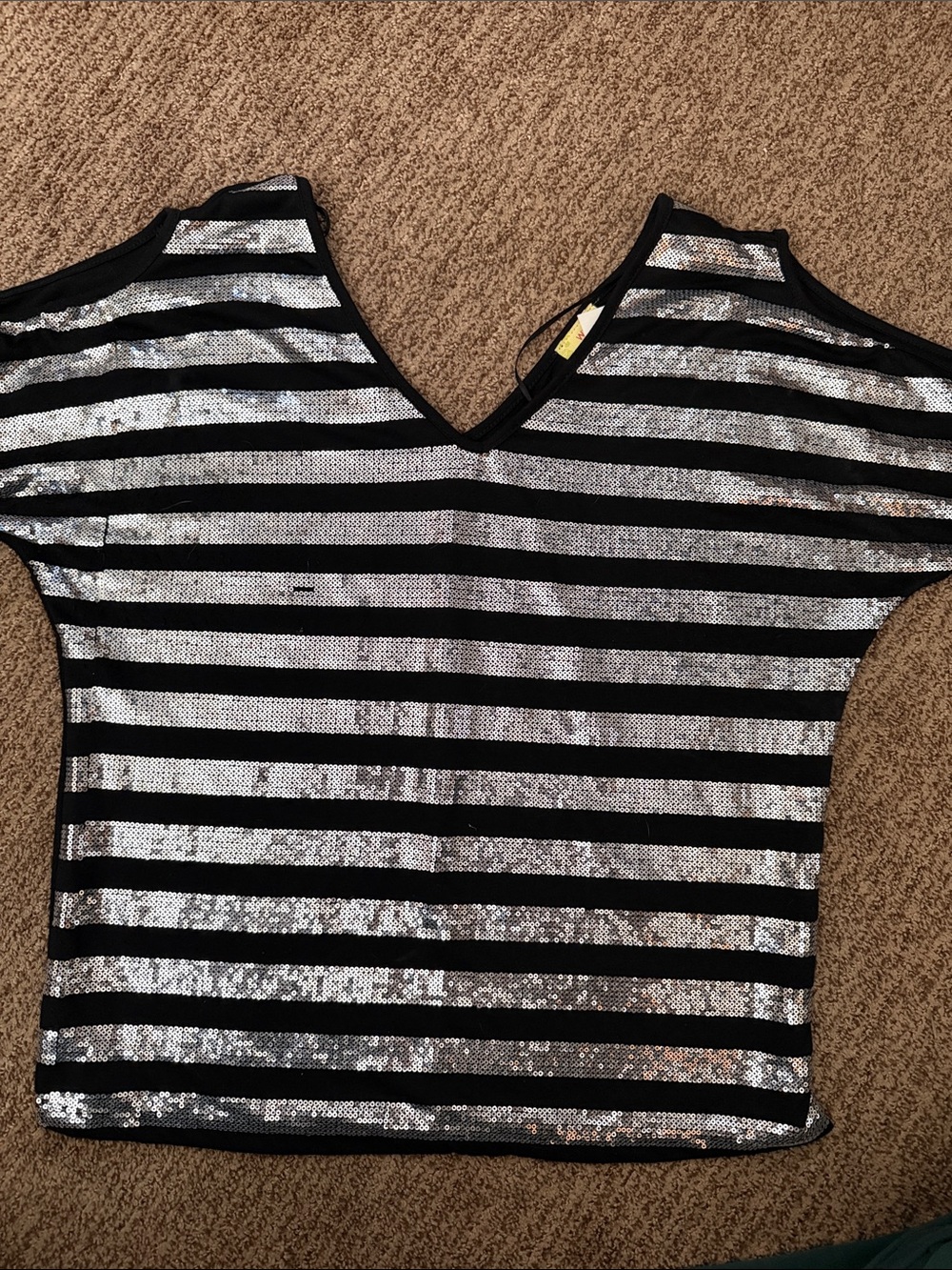 Women's Black & Silver Sequin Striped Cold-Shoulder Top